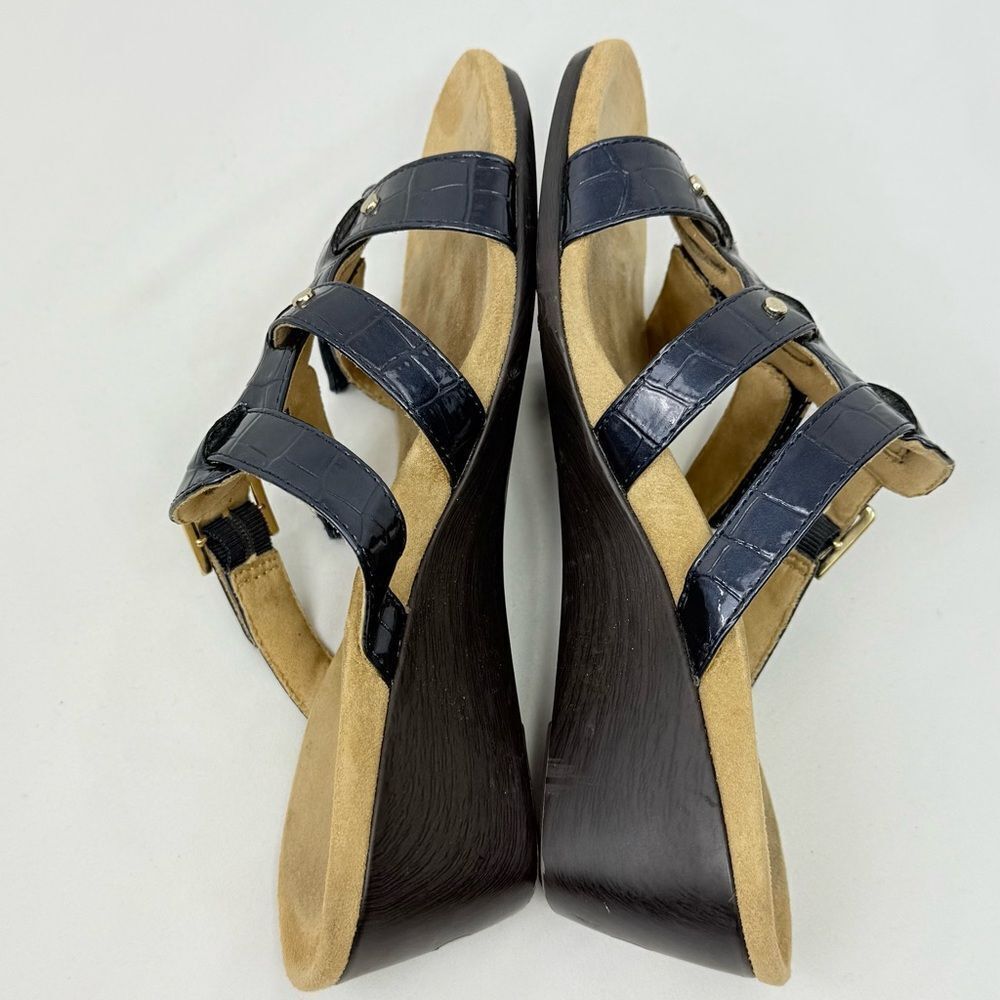 Vionic RADIA Blue Patent Reptile Embossed Triple T Strap Slide Wedge Sandals - Picture 8 of 14
